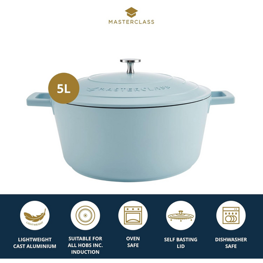 MasterClass 5L Casserole Dish with Lid – 28cm Cast Aluminium, Sky Blue