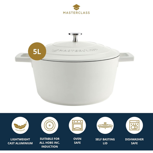 MasterClass 5L Cream Casserole Pot with Lid – 28cm Cast Aluminium, Non-Stick, Oven-Safe