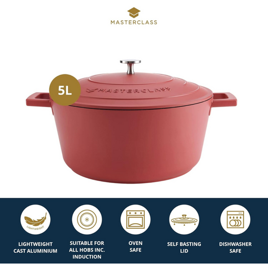 MasterClass 5L Casserole Dish with Lid – 28cm Cast Aluminium, Red