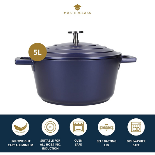 MasterClass 5L Blue Casserole Pot with Lid – 28cm Cast Aluminium, Non-Stick, Oven-Safe