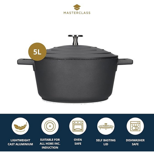 MasterClass 5L Black Casserole Pot with Lid – 28cm Cast Aluminium, Non-Stick, Oven-Safe