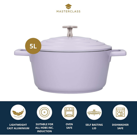 MasterClass 5L Casserole Dish with Lid – 28cm Cast Aluminium, Lavender