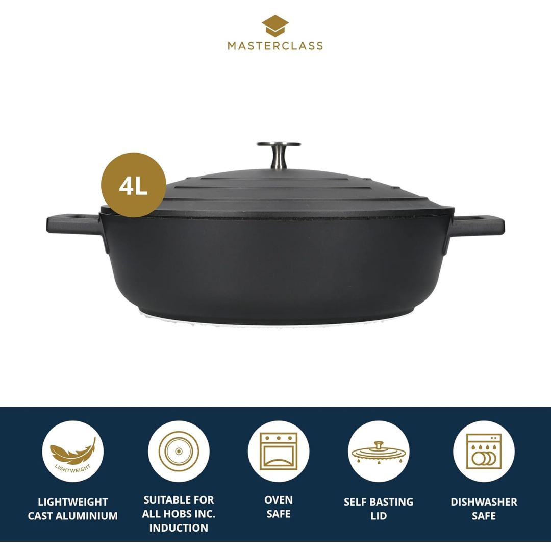 MasterClass 4L Shallow Casserole Dish with Lid – 28cm Lightweight Cast Aluminium, Induction & Oven Safe