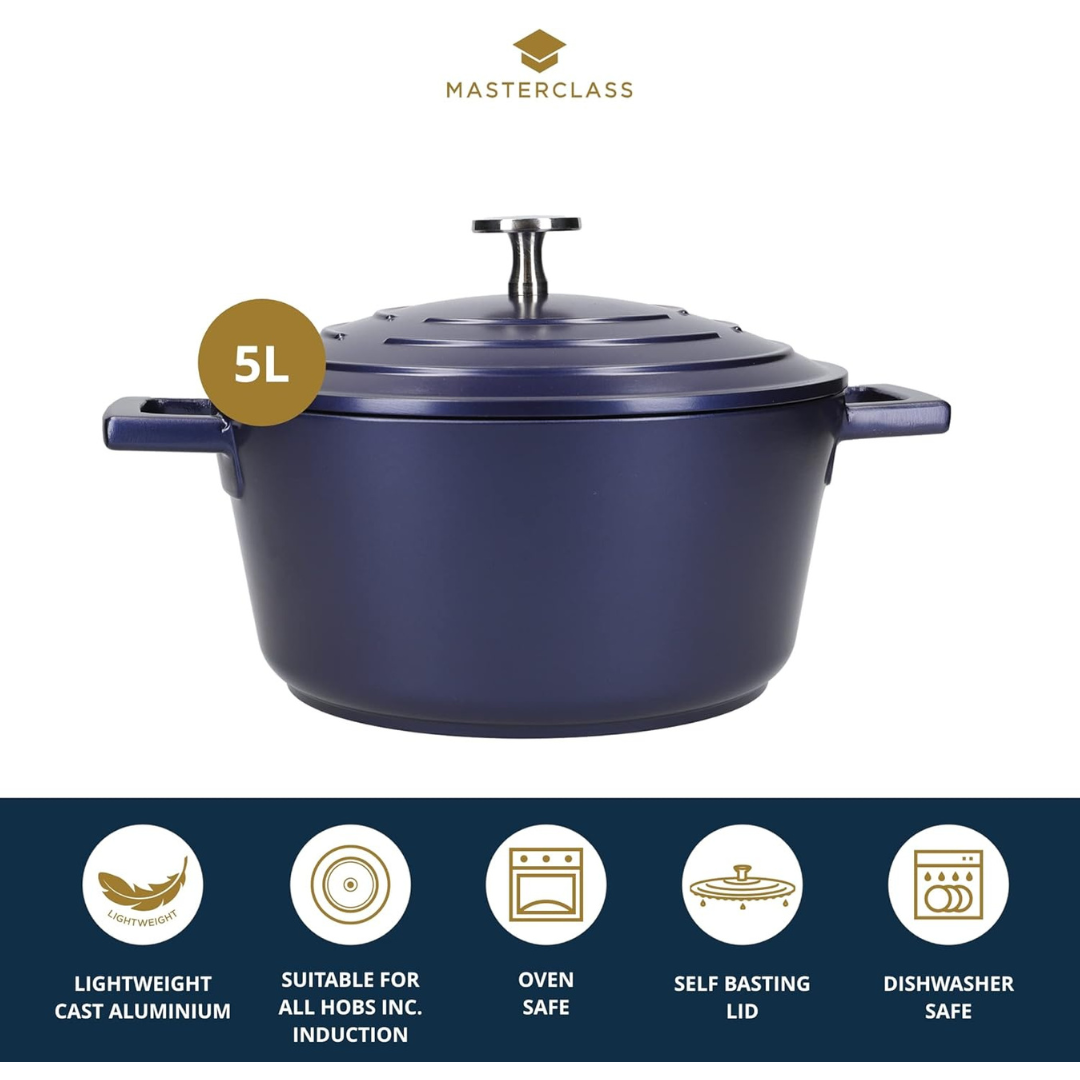MasterClass 5L Blue Casserole Pot with Lid – 28cm Cast Aluminium, Non-Stick, Oven-Safe