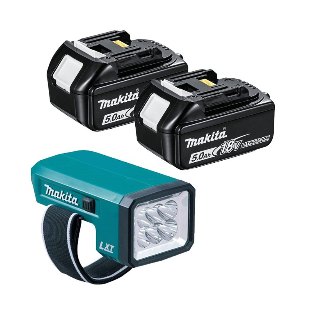 Makita 18V 5.0Ah BL1850 Lithium-Ion Batteries (2 Pack) + Work Flashlight