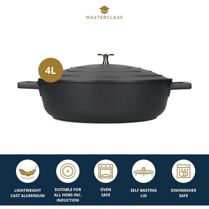 MasterClass 4L Shallow Casserole Dish with Lid – 28cm Lightweight Cast Aluminium, Induction & Oven Safe